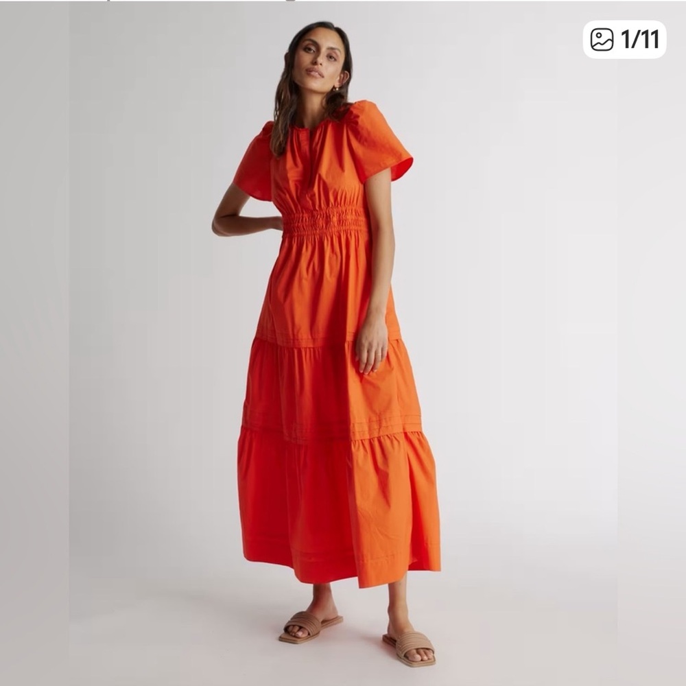 Quince Vibrant Orange Smocked Tiered Maxi Dress